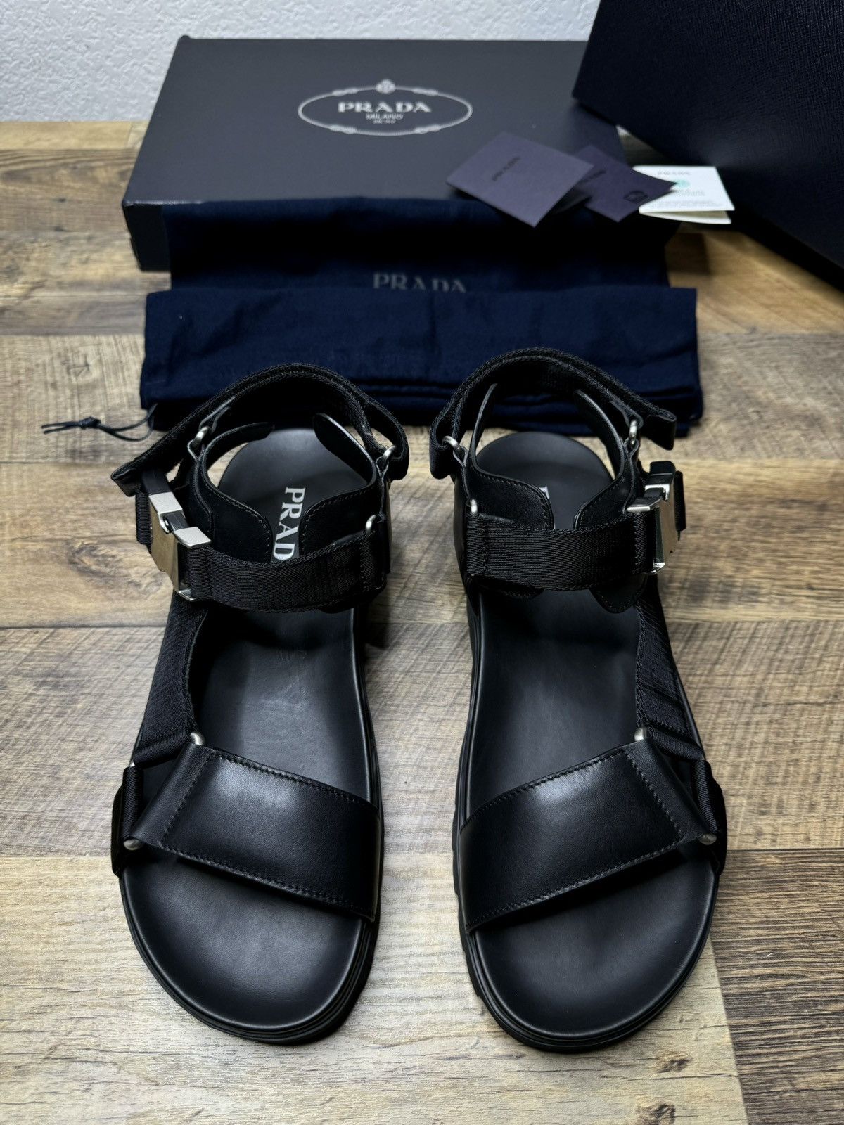 Prada Prada Black leather Strap silver Buckle Nylon Tape Sandals Size US 10 / EU 43 - 4 Thumbnail