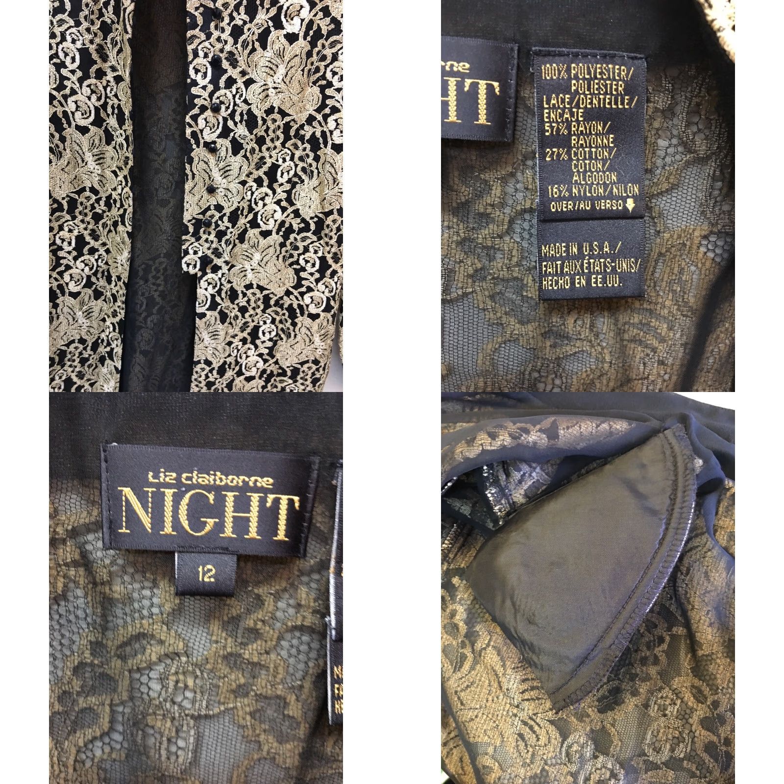 Liz Claiborne VINTAGE Liz Claiborne Jacket 12 Black Gold Lace Overlay Night Evening Dressy Party Size XL / US 12-14 / IT 48-50 - 8 Thumbnail