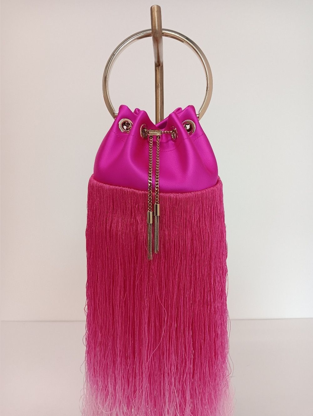 Jimmy Choo Jimmy Choo Bon Bon Small Fringed Satin Bucket Bag - Fuchsia Size ONE SIZE - 4 Thumbnail