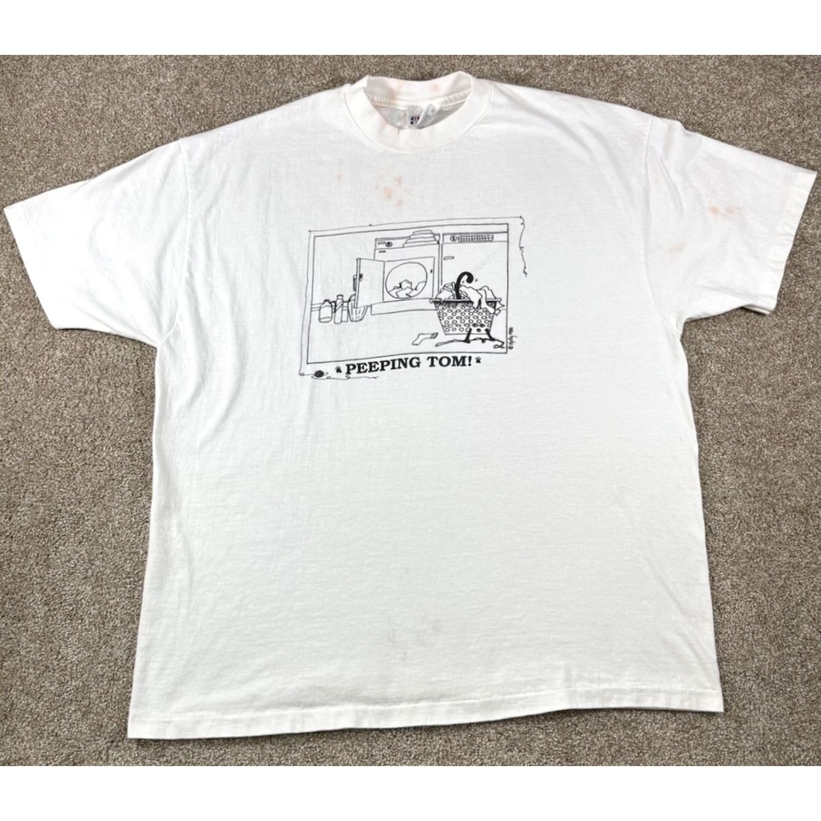 Hanes Vintage Peeping Tom Kelly 1986 Single Stitch Shirt USA Made • Adult Size XL - White Size US XL / EU 56 / 4 - 2 Thumbnail