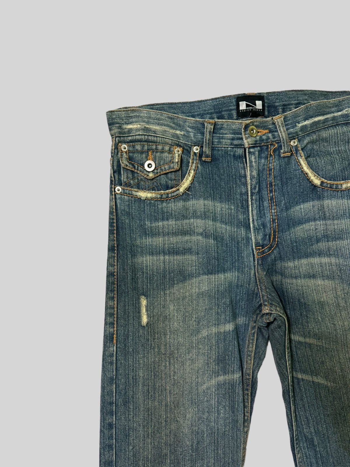 Japanese Brand Flared THRASHED NYLAUS CREW DESIGN WORK DISTRESSED DENIM Size US 30 / EU 46 - 4 Thumbnail