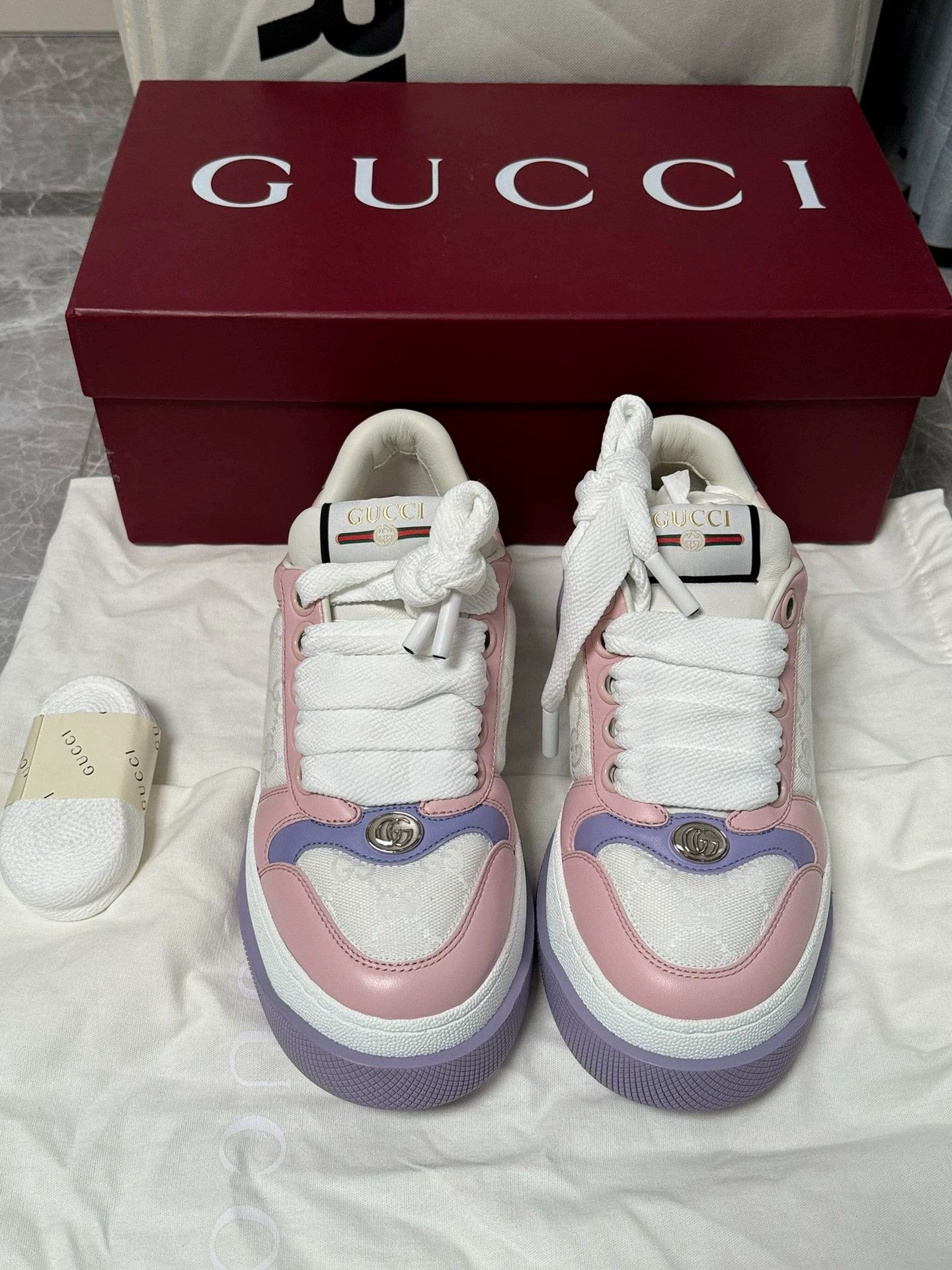 Gucci Gucci Screener Dirty Sneakers Pink&White Purple&White Size US 6 / IT 36 - 2 Thumbnail