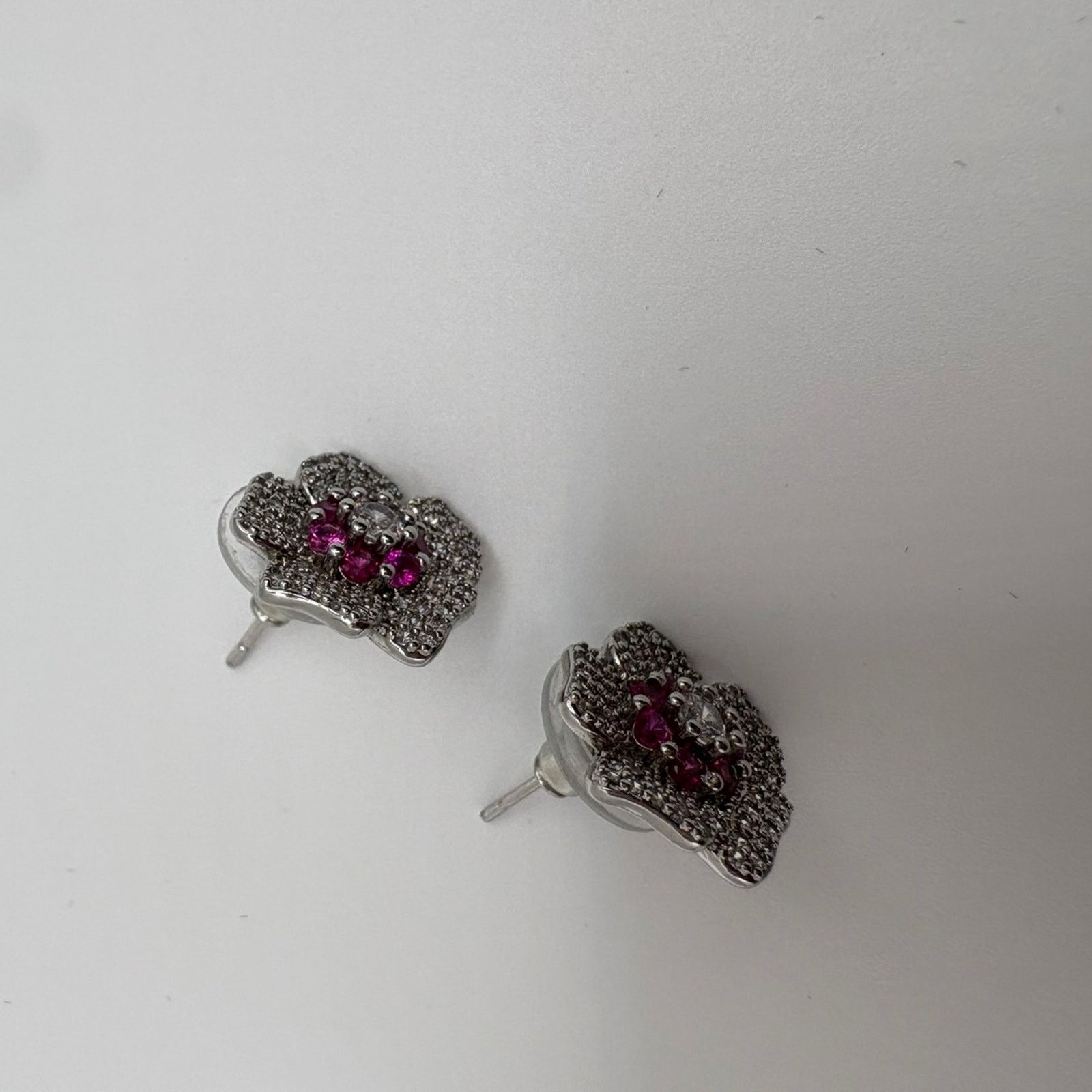 Other Sterling Silver Magenta Floral Stud Earrings- Rhodium Plated Size ONE SIZE - 5 Thumbnail