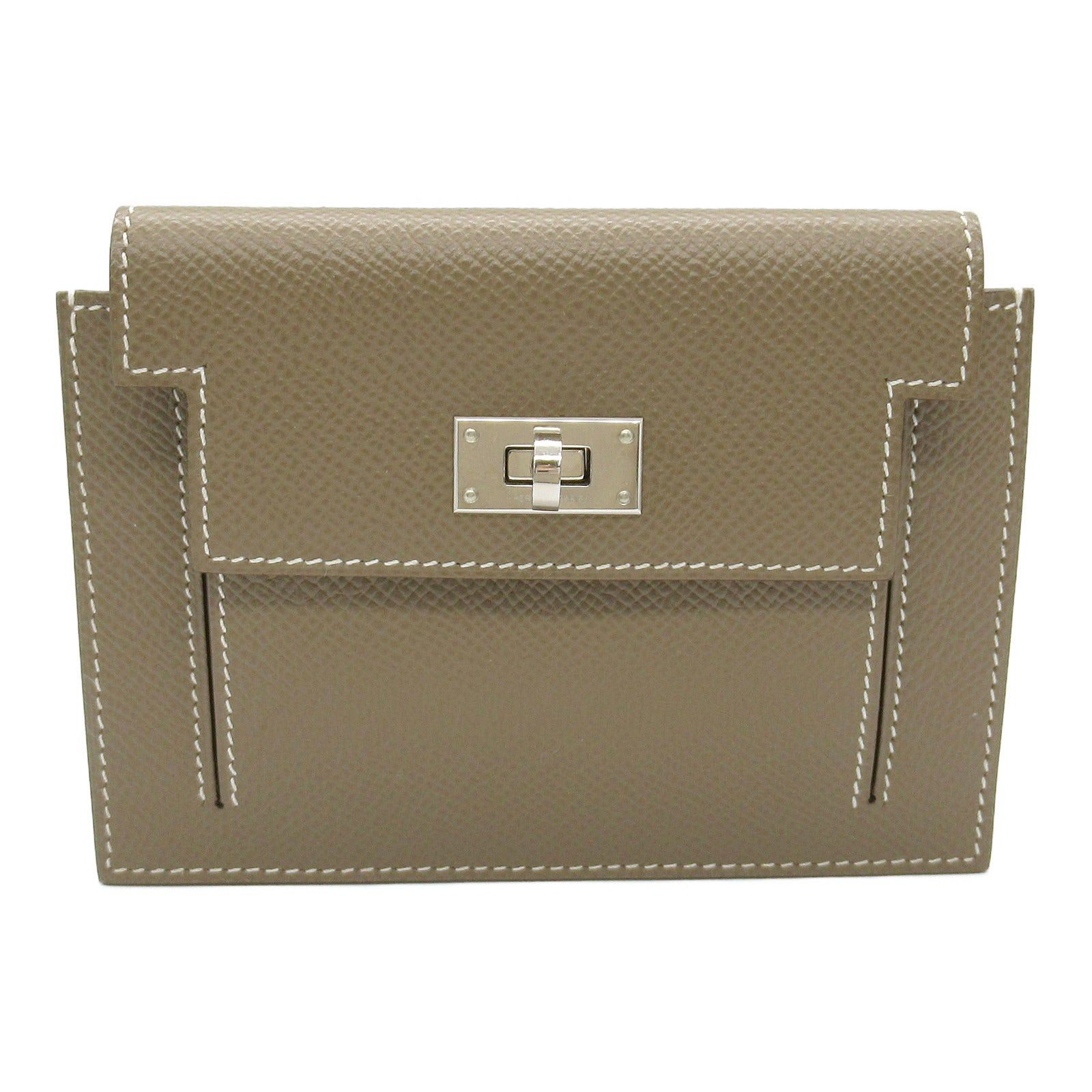 Hermes Kelly Pocket Compact Etoupe Bi-Fold Wallet Leather Veau Epsom Gray Silver Hardware Y Stamp