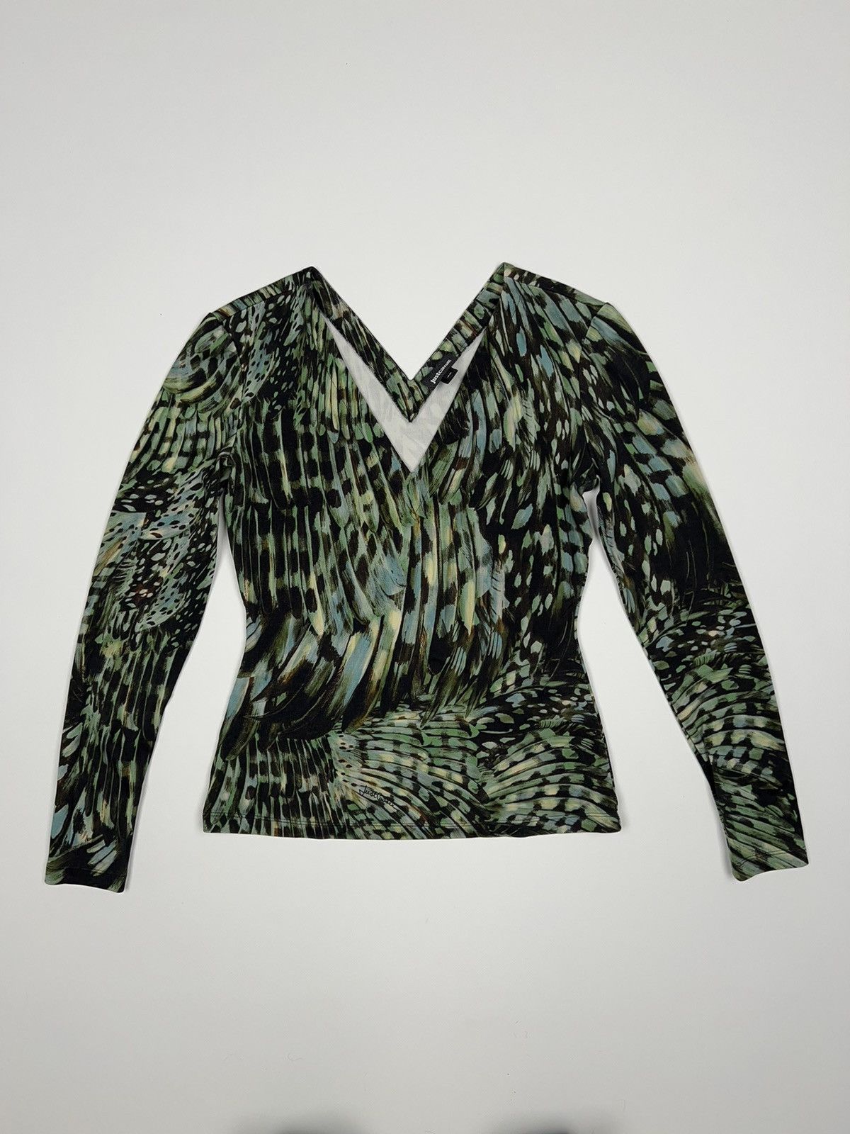image of Just Cavalli x Roberto Cavalli Just Roberto Cavalli Feather Print Green Jungle Floral Top, Women's 