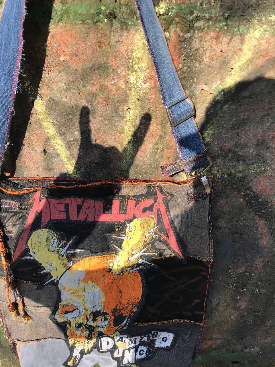 Handmade Custom 1-of-1 Metallica Patchwork Bag/Upcycled Denim & Suede Size ONE SIZE - 3 Thumbnail