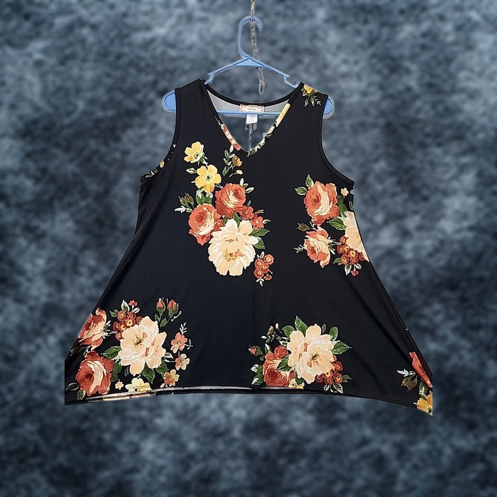 Vintage VINTAGE C'est La Vie Tank Top Women XL Black Floral A Line Swing Tunic V-Neck Shirt Size XL / US 12-14 / IT 48-50 - 1 Thumbnail