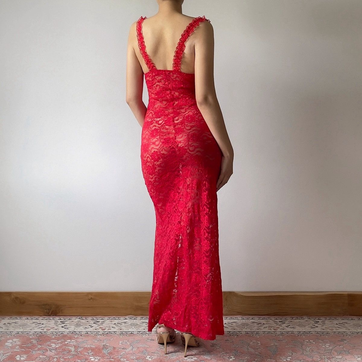 Vintage Vintage Red Lace Sheer Slip Dress (XS-S) Size S / US 4 / IT 40 - 13 Thumbnail