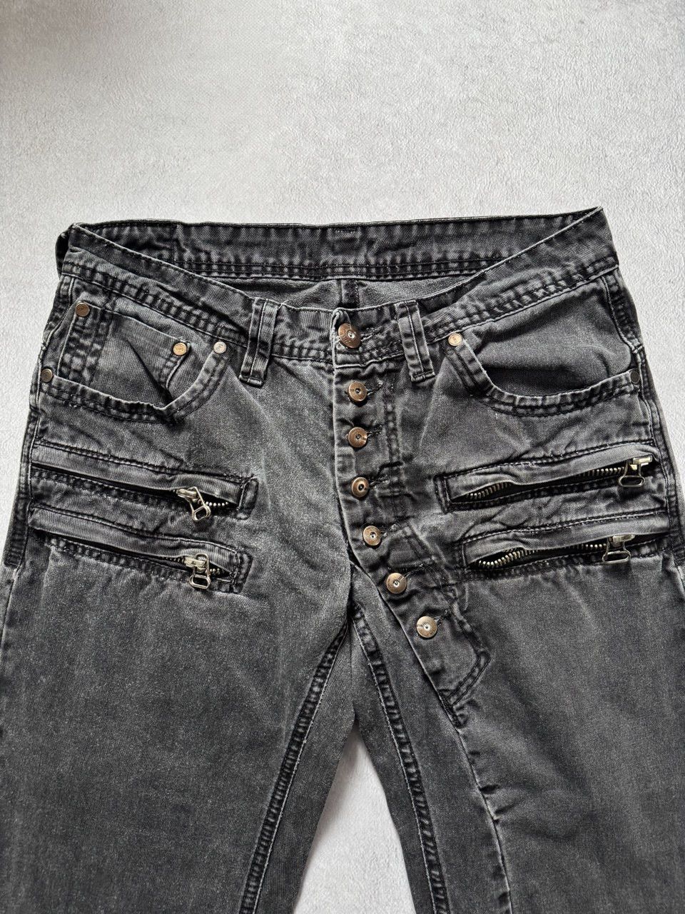 Jean Vintage Multi-Zip Distressed Denim Biker Jeans Washed Black Size US 28 / EU 44 - 2 Thumbnail