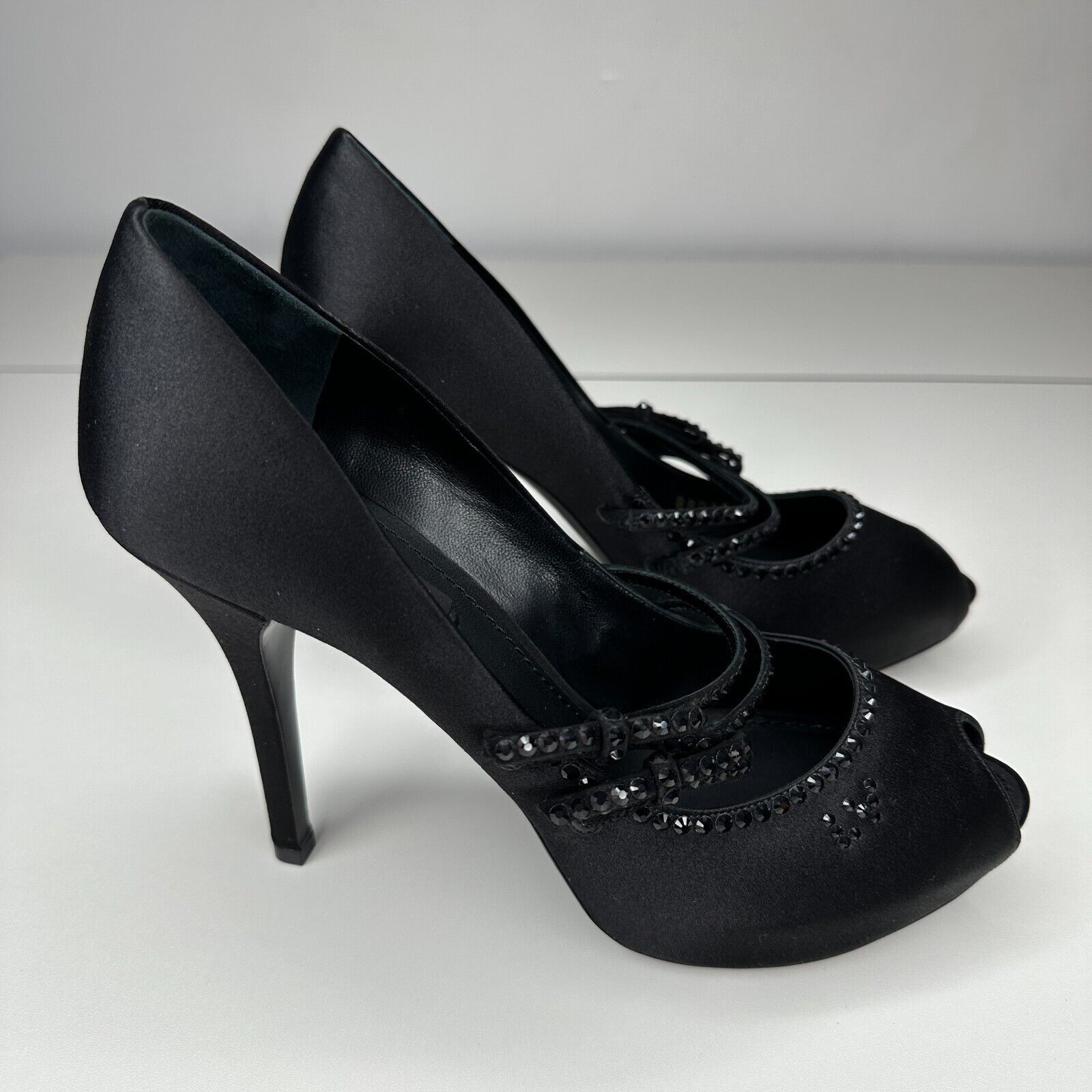 Louis Vuitton Louis Vuitton Black Satin Open Toe Crystal Strap Pumps 37.5 Size US 7 / IT 37 - 9 Thumbnail