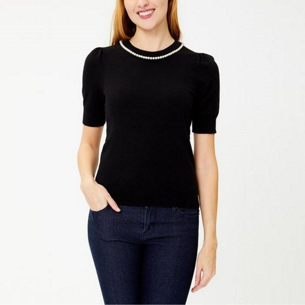 Kate Spade New Kate Spade Black Pearl-Embellished Short-Sleeve Sweater Size XXS / US 00 / IT 34 - 1 Thumbnail