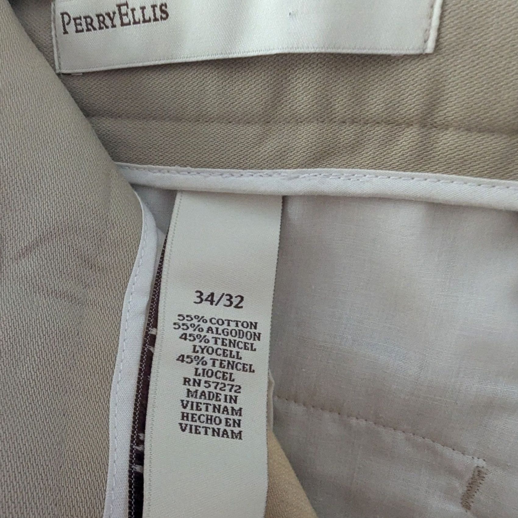 Perry Ellis Perry Ellis Mens Khaki Tan Cotton Lyocell Flat Front Chino Pants Trousers 34x32 Size US 34 / EU 50 - 6 Thumbnail