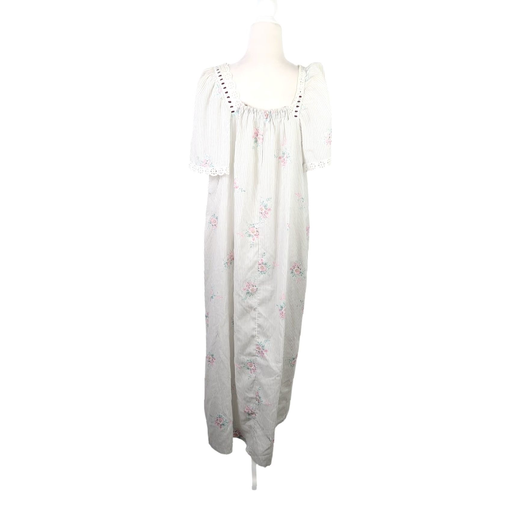 Vintage VINTAGE Maxi Nightgown Dress Cream Black Stripe Floral 80s L Womens Short Sleeve Bohemian Dress Size L / US 10 / IT 46 - 4 Thumbnail