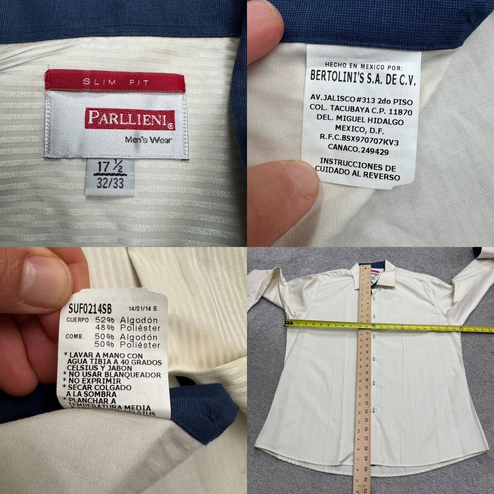 Vintage Parllieni Dress Shirt Mens 17.5 Ivory Striped Cotton Blend Slim Fit Business Casual Work Size 46R - 8 Thumbnail