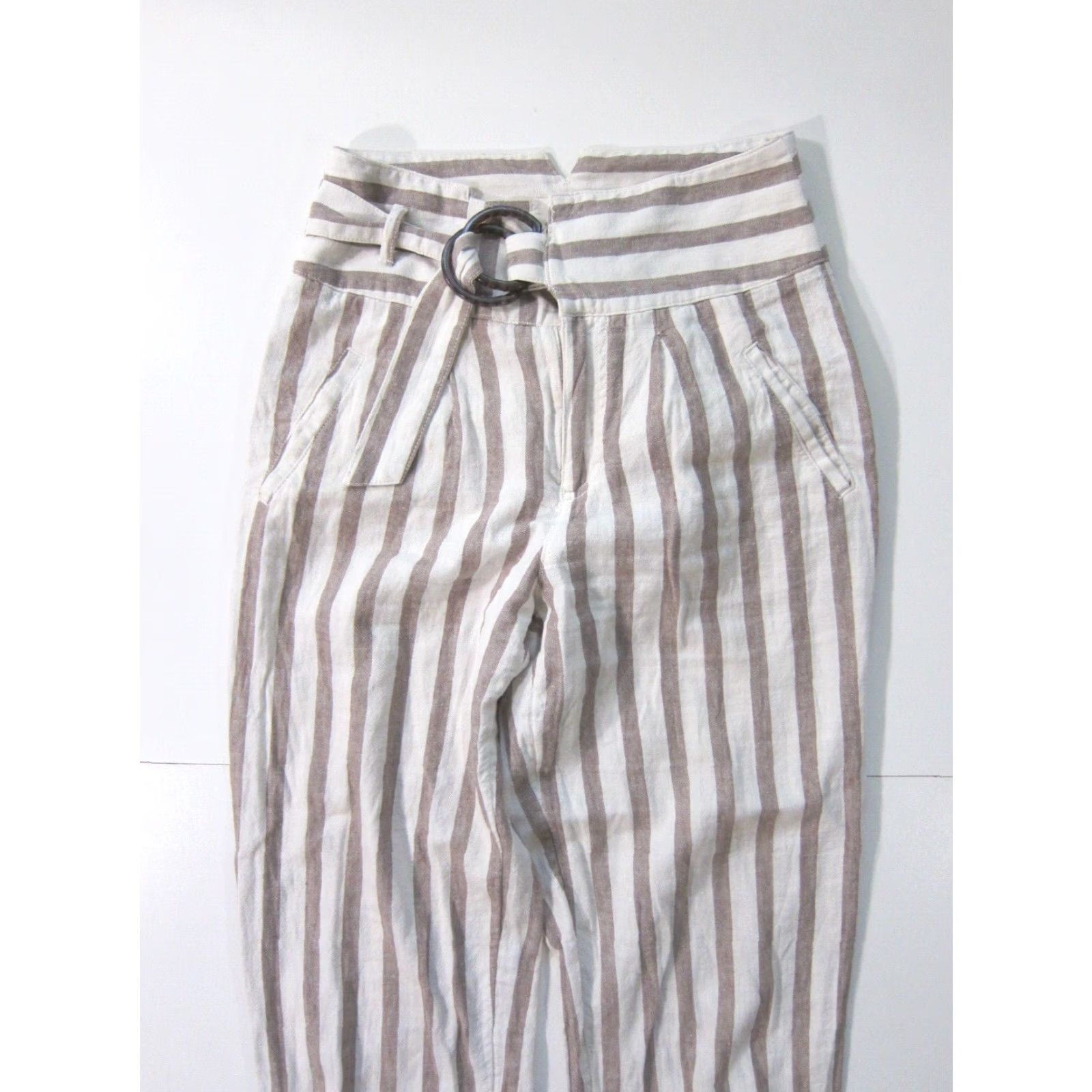 Anthropologie By Anthropologie Linen Cotton White Brown Stripe High Rise Pocket Chino Pant 0 Size 25" / US 0 / IT 36 - 5 Thumbnail
