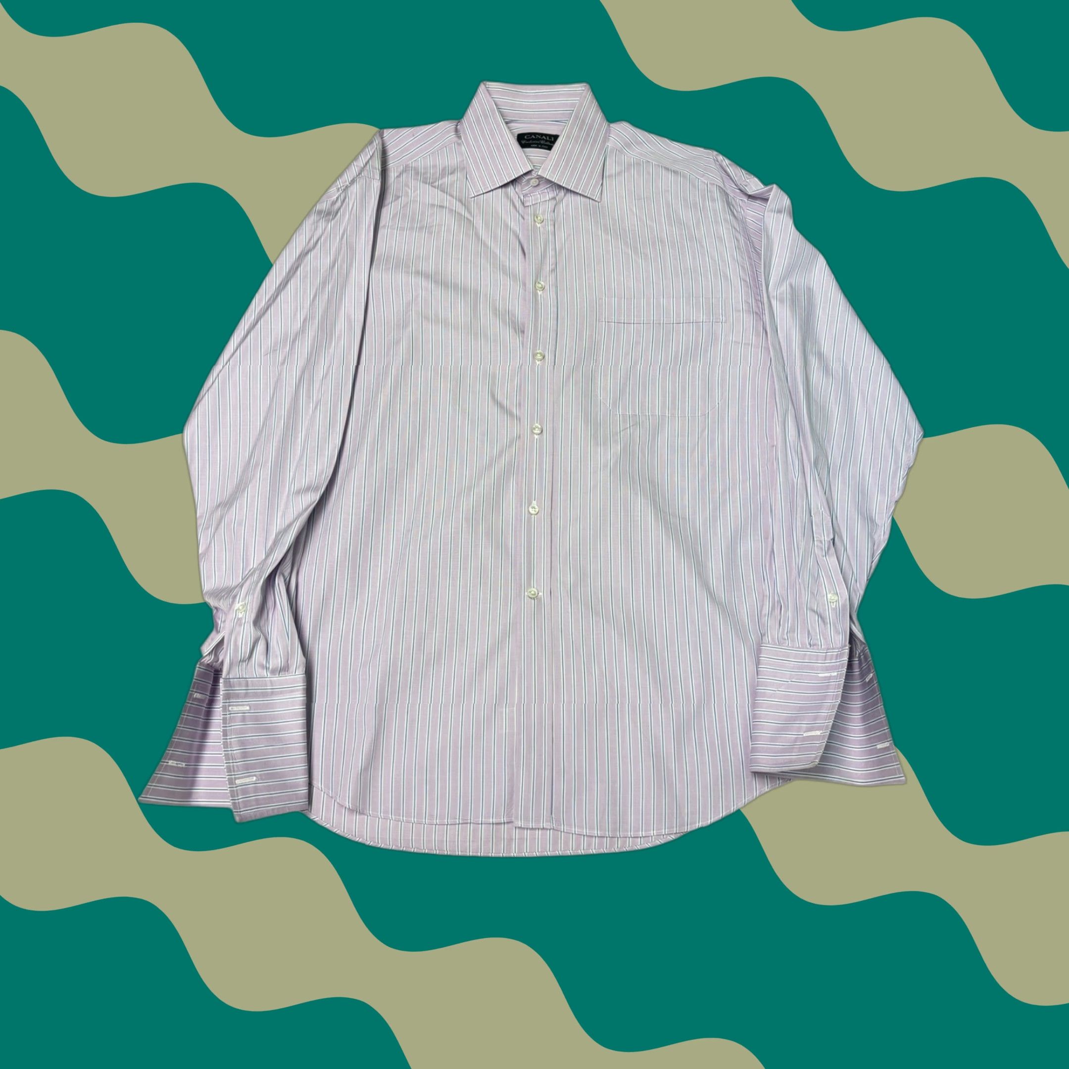 Canali CANALI Dress Shirt Mens XL Striped French Cuff 100% Cotton Made in Italy Pink Size 46R - 1 Thumbnail