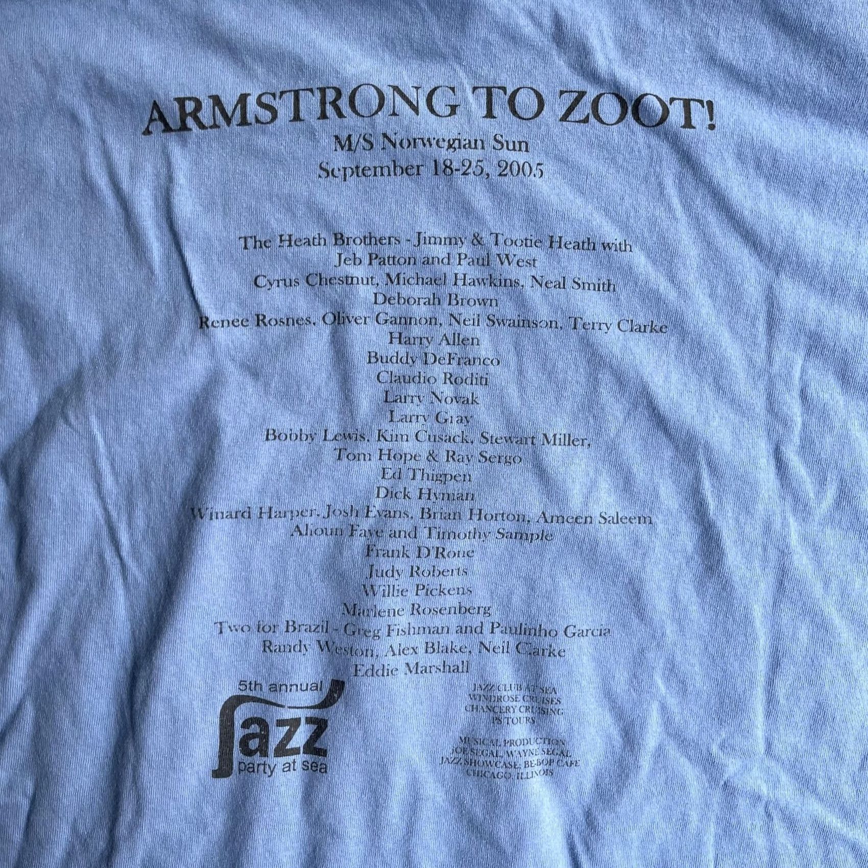 Gildan Vintage Jazz Floats Alaska Cruise 2005 Mens XL Blue Long Sleeve T-Shirt Gildan Ultra Cotton Heavyweight Crew Neck Graphic Print T-Shirt Size US XL / EU 56 / 4 - 7 Thumbnail