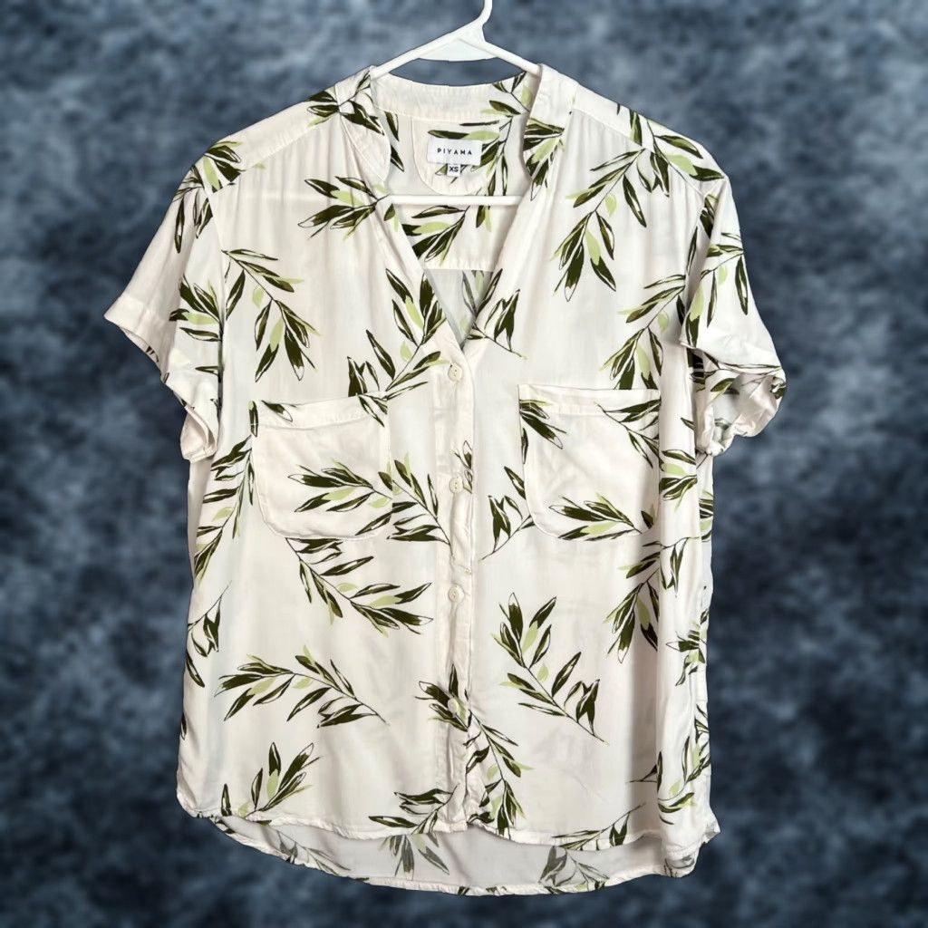 Vintage Piyama Womens XS Leaf Print Button-Up Shirt - Short Sleeve, White, Rayon, Casual, Regular Size, Button Size XS / US 0-2 / IT 36-38 - 1 Thumbnail