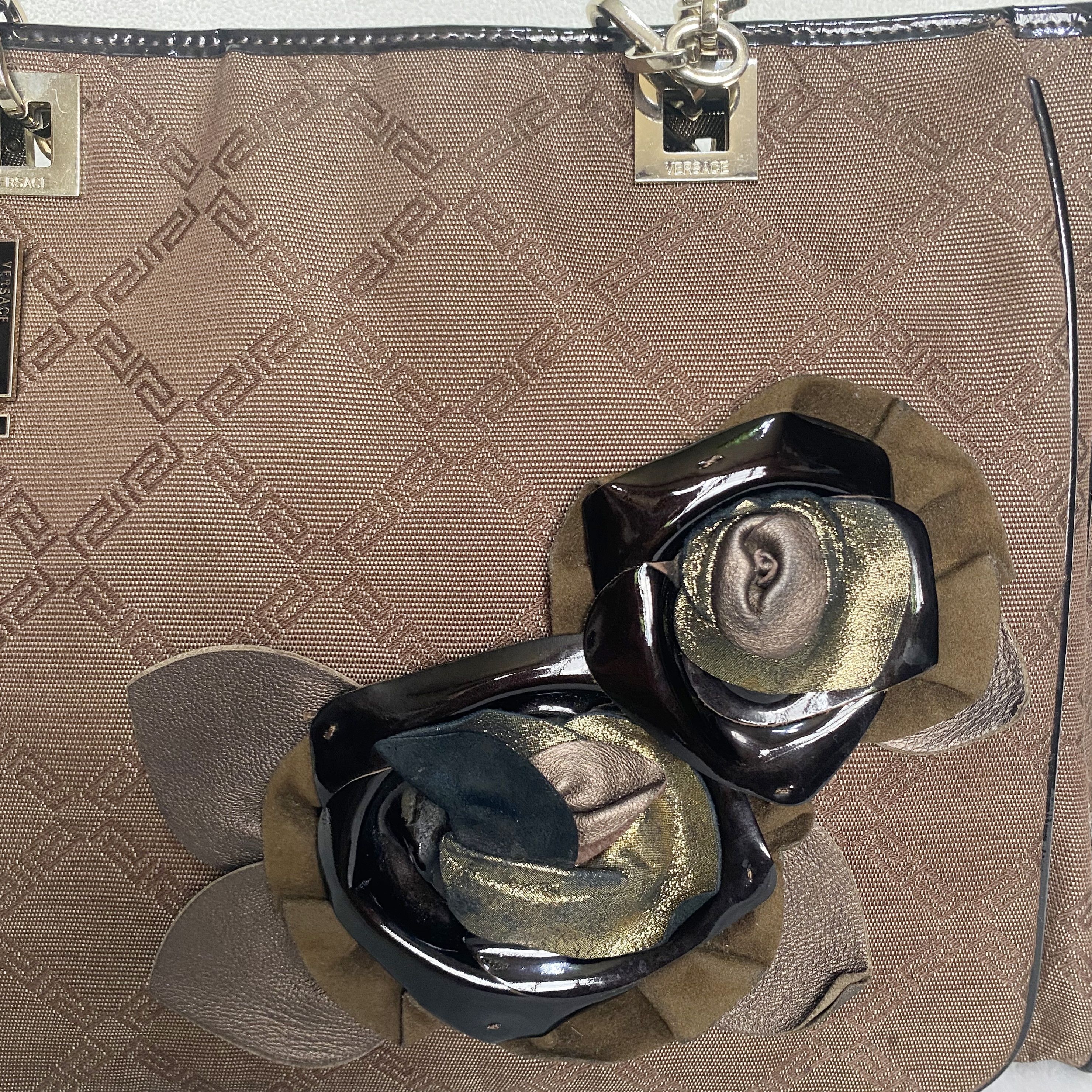 Versace Vintage Brown Black Greco Monogrammed Flower Applique Bag Size ONE SIZE - 9 Thumbnail