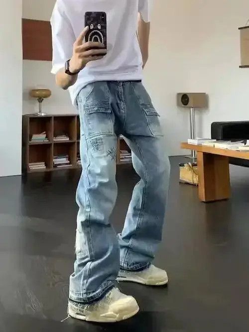Jean Blue baggy faded hiphop flared cargo jeans Size US 32 / EU 48 - 4 Thumbnail