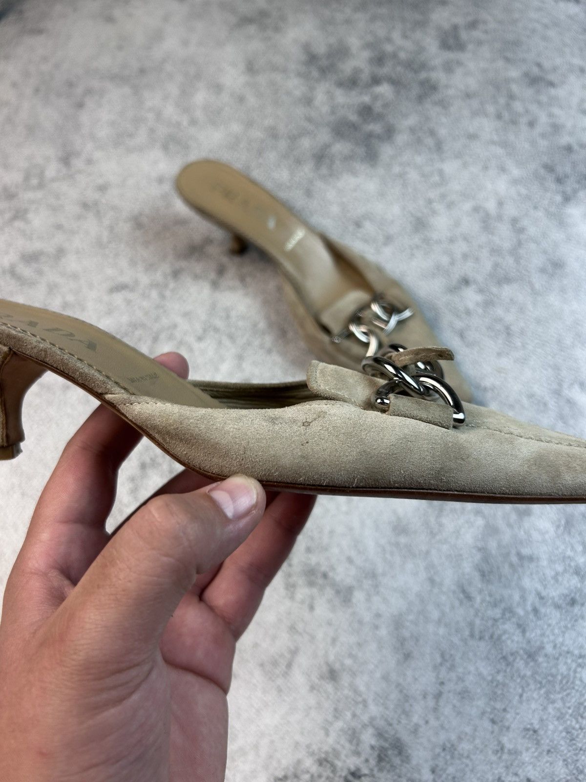 Prada Prada Vintage Tan Suede Chain Link Kitten Mule Heels Size US 7.5 / IT 37.5 - 4 Thumbnail