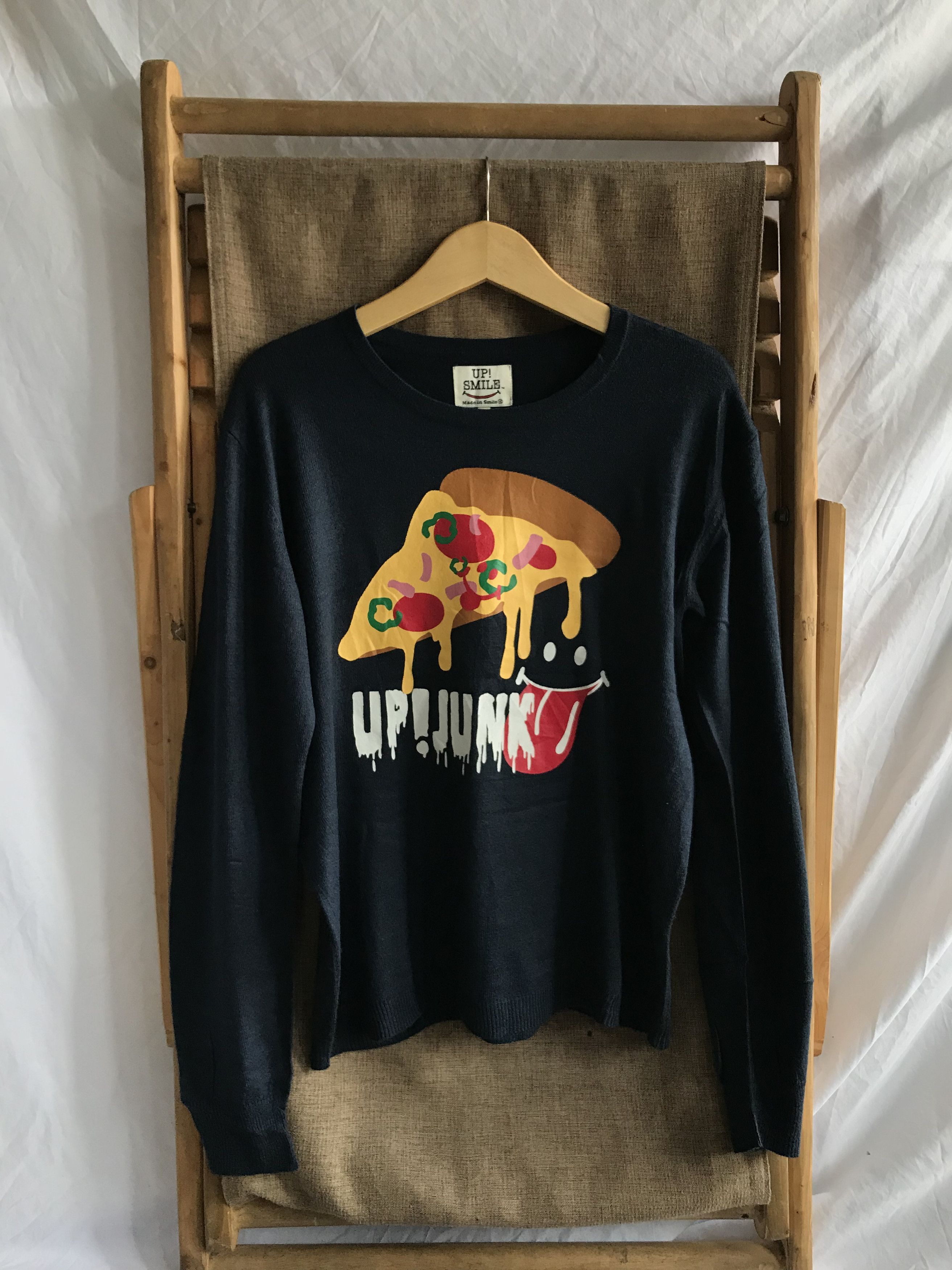 image of Beauty Beast x Hysteric Glamour Up Smile Pizza Print Knitwear in Dark Navy (Size Medium)