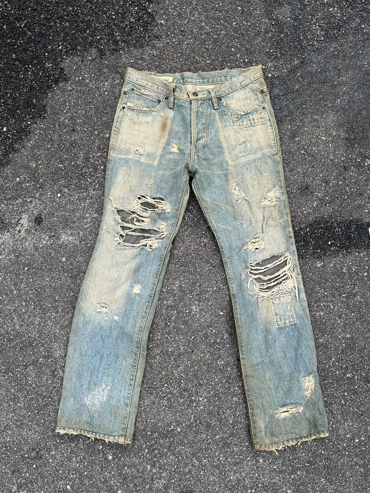 image of Distressed Denim Ossa Mondo Distressed Style Denim in Olive/Denim, Men's (Size 31)