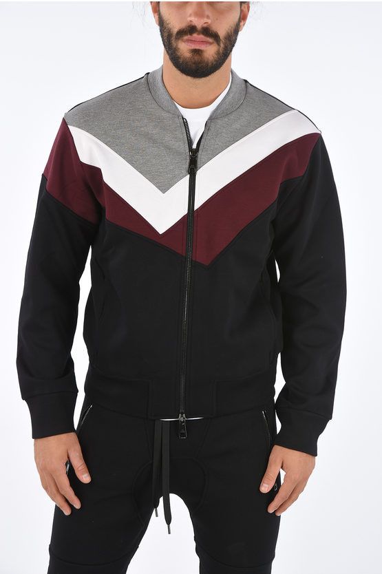 image of Neil Barrett Full Zip Hybrid Sweatshirt in Nero/Grigio/Burgundy, Men's (Size Medium)