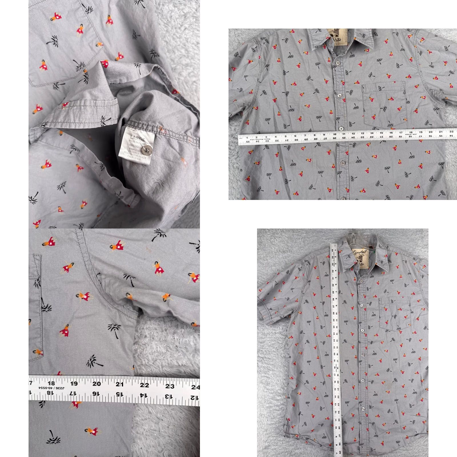 Vintage Coastal Shirt Men Large Gray Hawaiian Palm Tree 100% Cotton Short Sleeve Button-Up Regular Fit Mens Size US L / EU 52-54 / 3 - 8 Thumbnail