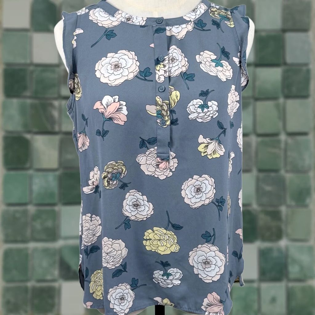Loft Loft Womens Blouse Sleeveless Floral Ruffle Shell Blue Multi Petite MP Shabby Chic Workwear Size M / US 6-8 / IT 42-44 - 1 Thumbnail