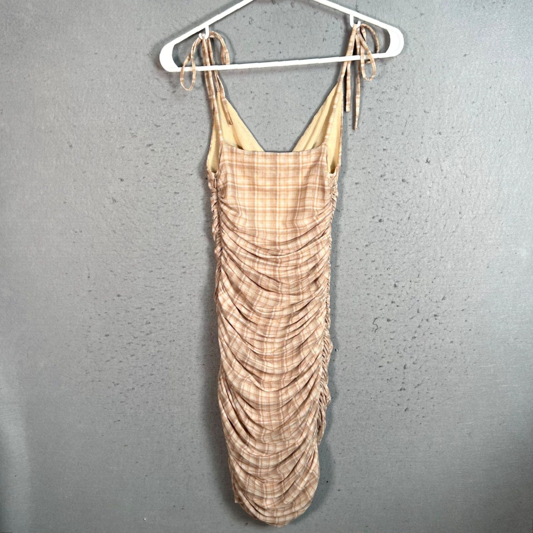 Vintage Wilfred Bodycon Dress Womens XXS Beige Plaid Ruched Sleeveless Casual Knee Length Size XXS / US 00 / IT 34 - 2 Thumbnail