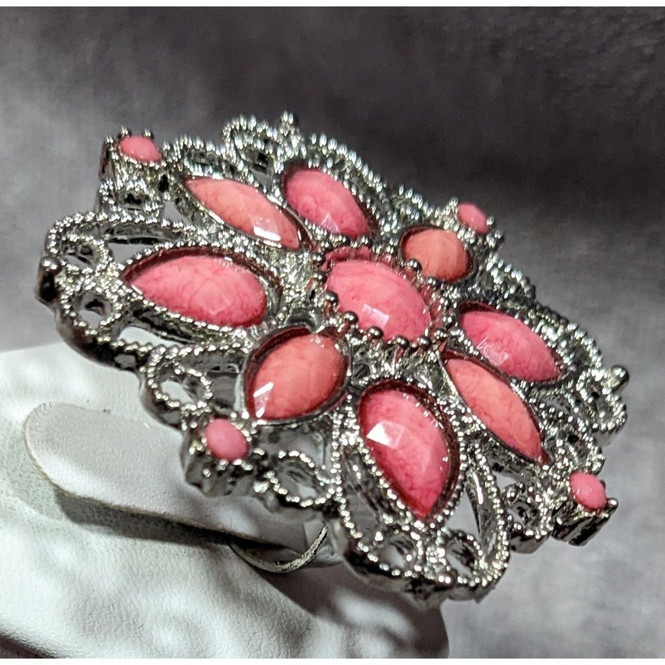 Other Fairycore Floral Ring Silver Tone With Pink Stones Statement Size ONE SIZE - 7 Thumbnail