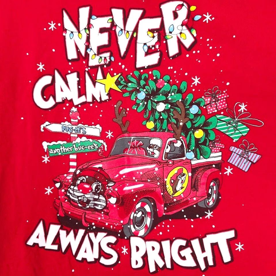 Vintage Buc-ees Christmas T Shirt Mens 3XL Red Holiday Never Calm Always Bright Buc-ees Beaver Cartoon Christmas Be... Size US XXL / EU 58 / 5 - 5 Thumbnail