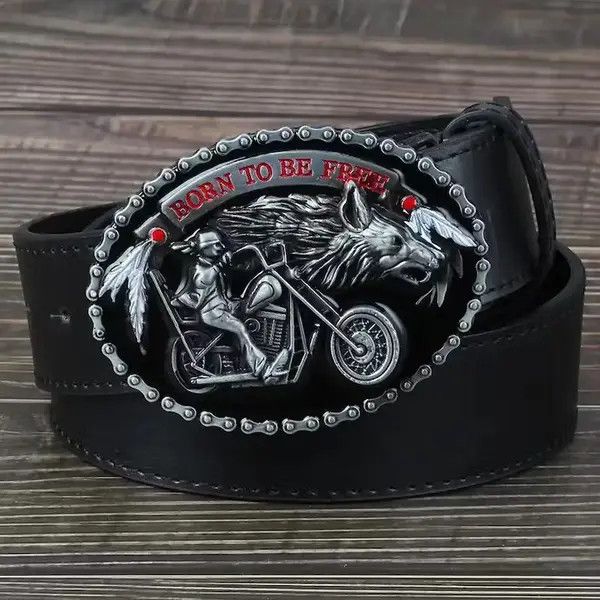 image of Leather Motorcycle And Wolf Buckle Fashion Decorative Belt in Black, Men's