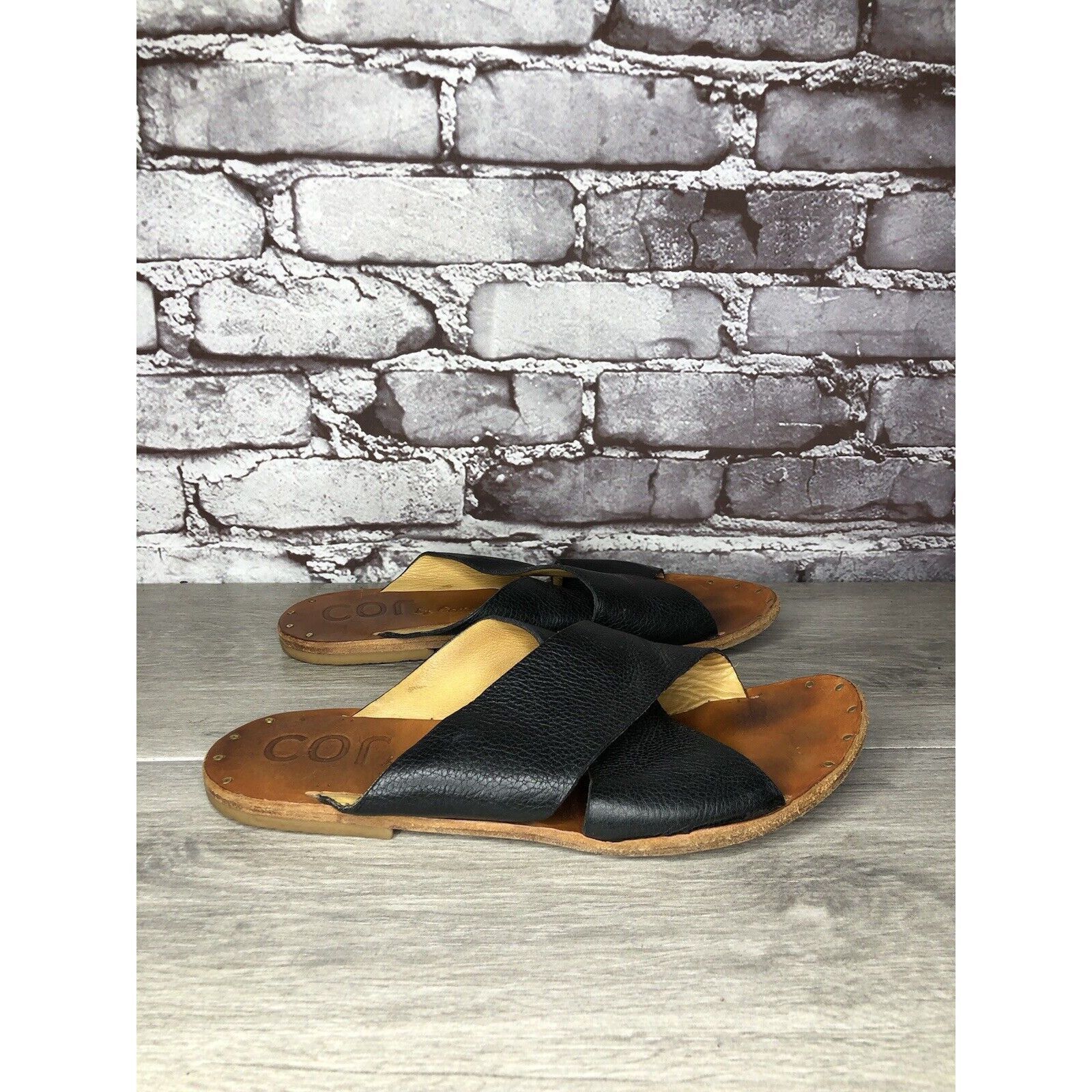 COR by Calleen Cordero Black Leather Cross Strap Flats Slide