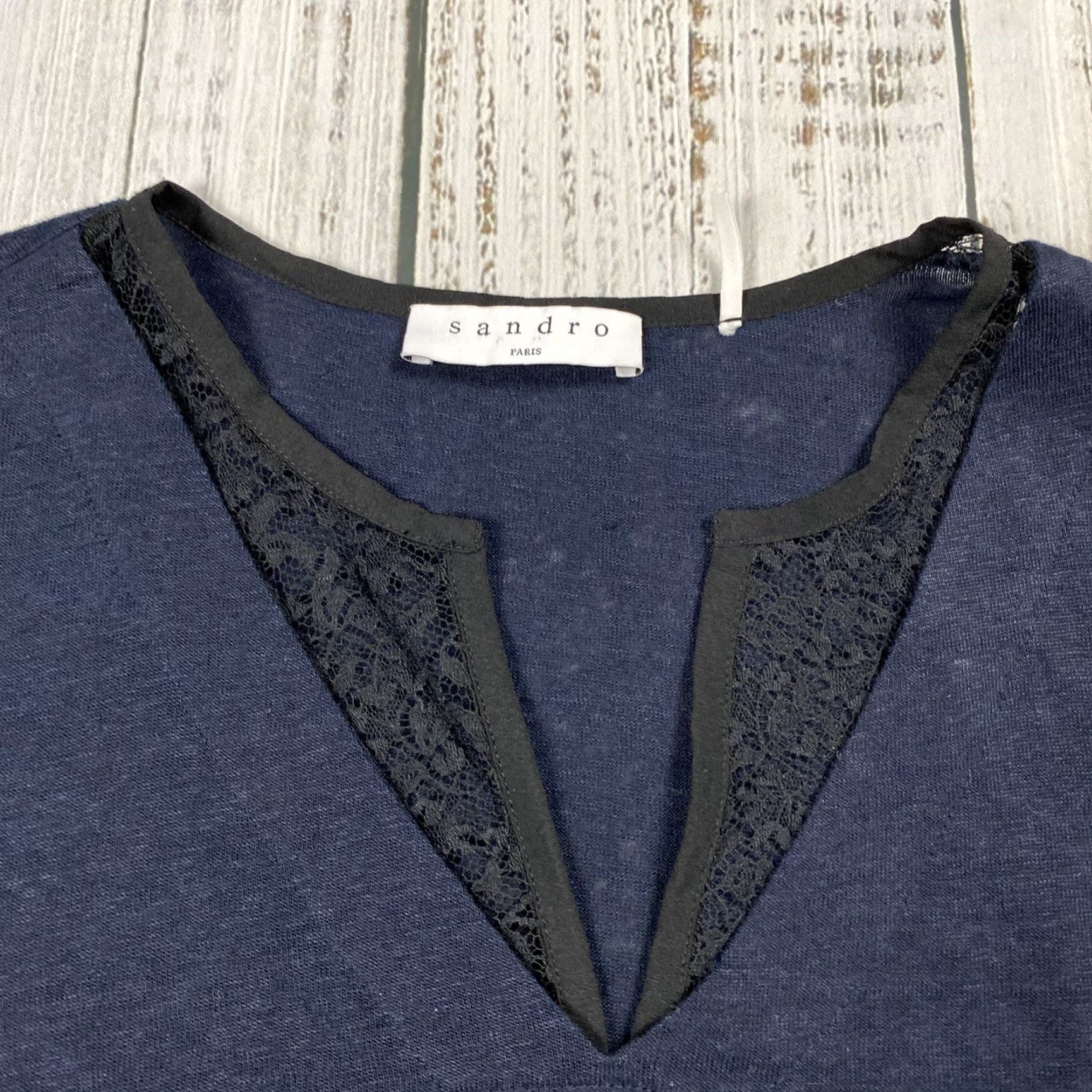 Sandro Sandro Paris Womens Linen Tunic Top Lace Trim Blue Black Long Sleeve Size 2 - Blouse, Tunic, Linen, Women, Regular Fit Size XS / US 0-2 / IT 36-38 - 2 Thumbnail