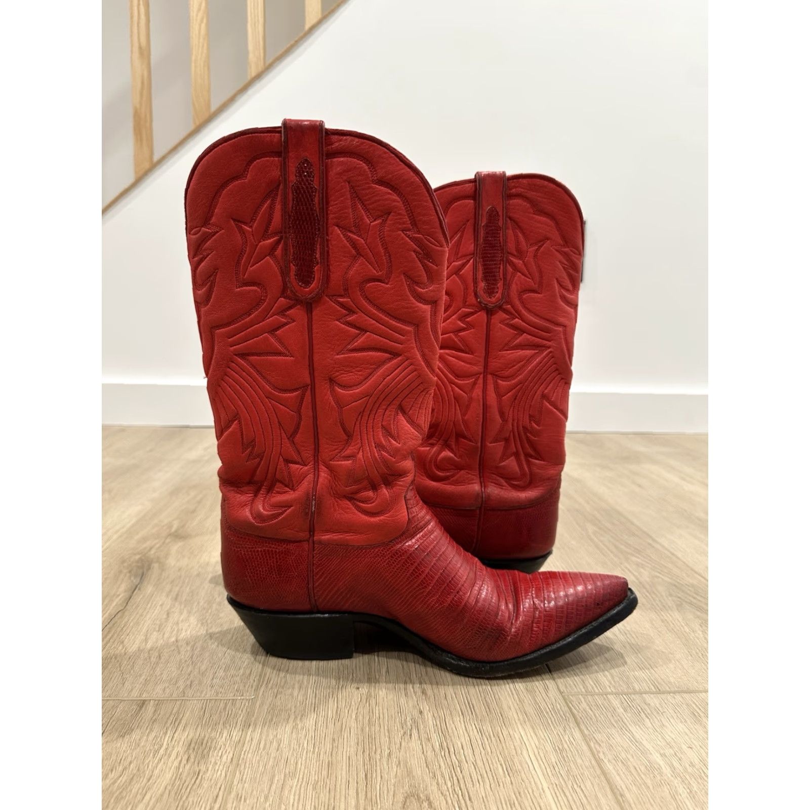 Skin Stallion Western Boots Men’s Size 8.5D Red Leather Lizard Pattern Pointed Toe Cowboy Boots Leather Insole Mid-Calf Shaft Style Handcrafted Size US 9 / EU 42 - 7 Thumbnail