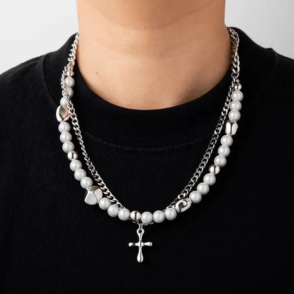 Jewelry Cross Double Layered Pearl Necklace Size ONE SIZE - 5 Thumbnail