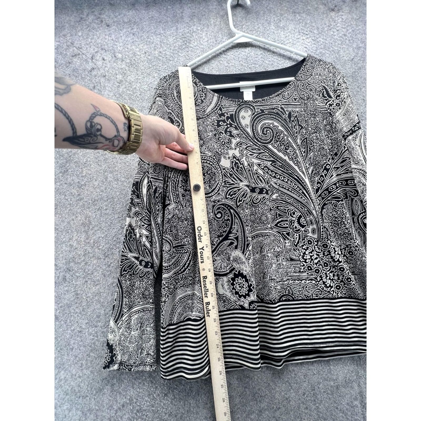 Vintage Chico's Blouse Womens 2 Black Paisley Long Sleeve Lined Top Striped Hem Shirt Size XS / US 0-2 / IT 36-38 - 4 Thumbnail