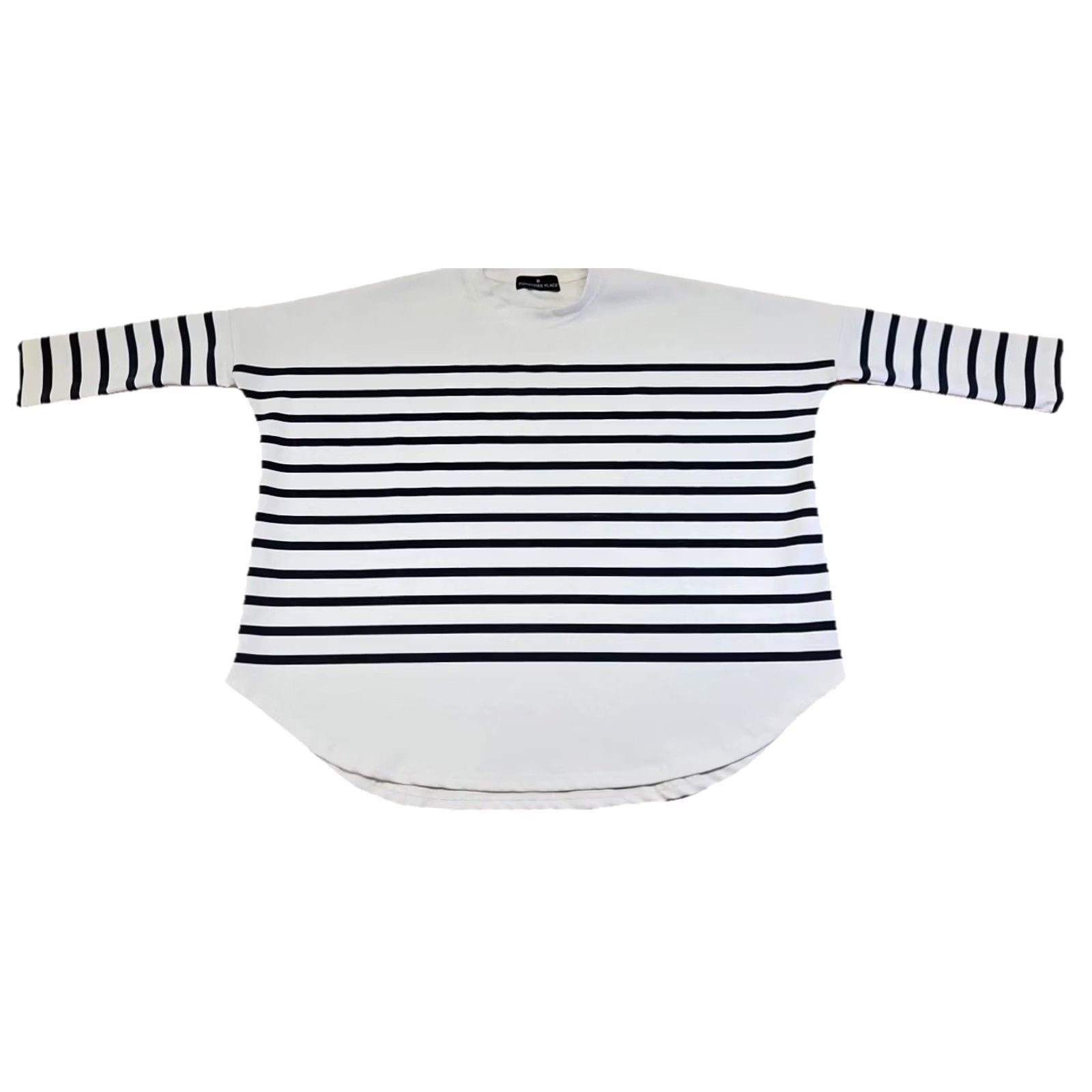 Vintage Pomander Place Top Womens Boxy Tunic 3/4 Sleeve White Blue Striped Beach Casual Shirt OS Size ONE SIZE - 2 Thumbnail