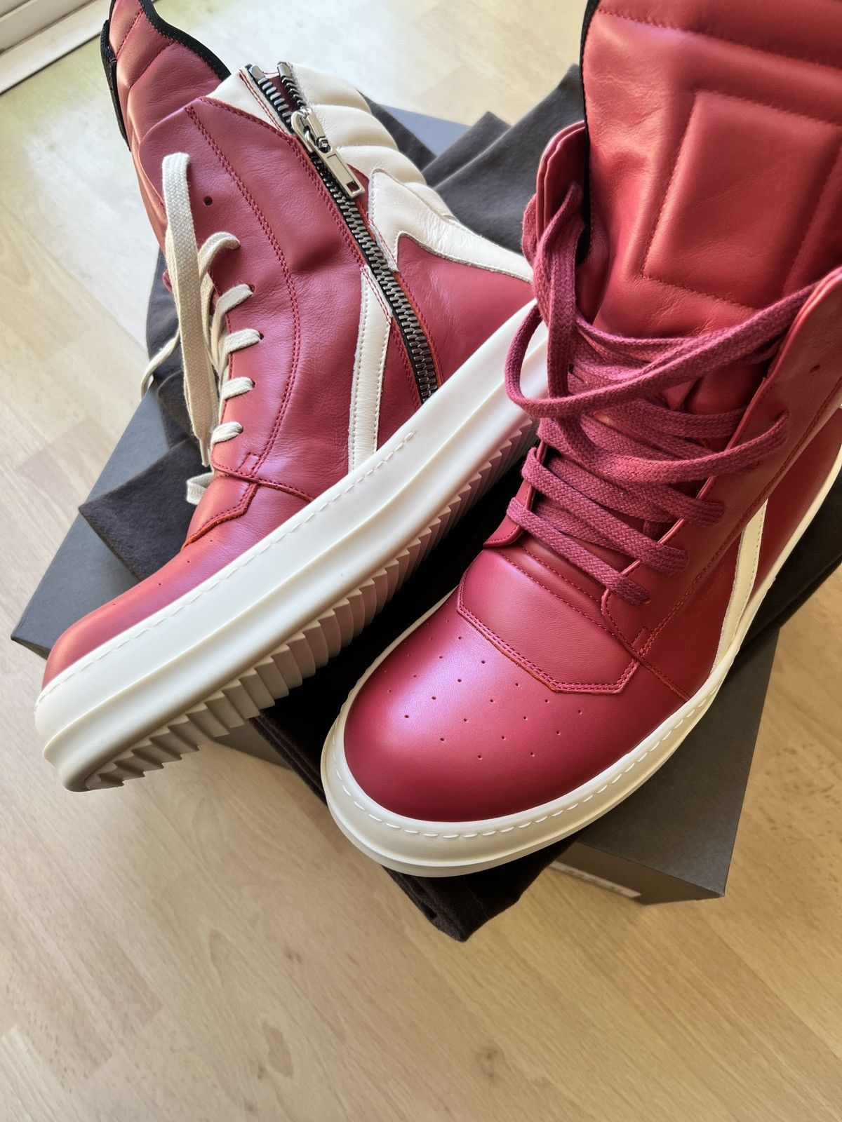 Rick Owens Rick Owens SS21 Red and Milk Geobasket Sneakers | Grailed