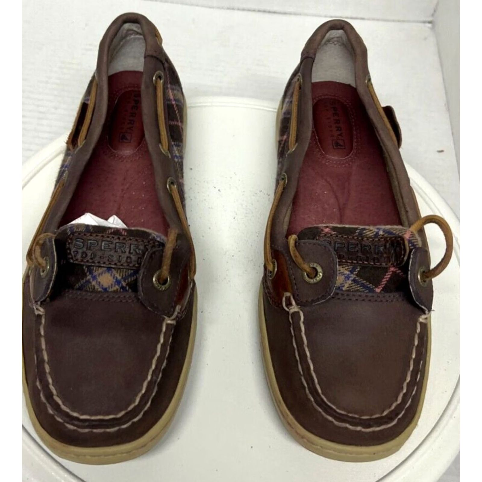 Sperry Sperry Top Sider Women 6.5 37 Brown Plaid Boat Shoe Leather Fabric 9101957 1 Eye Leather Laces Boyt Shoe Size M / US 6-8 / IT 42-44 - 3 Thumbnail