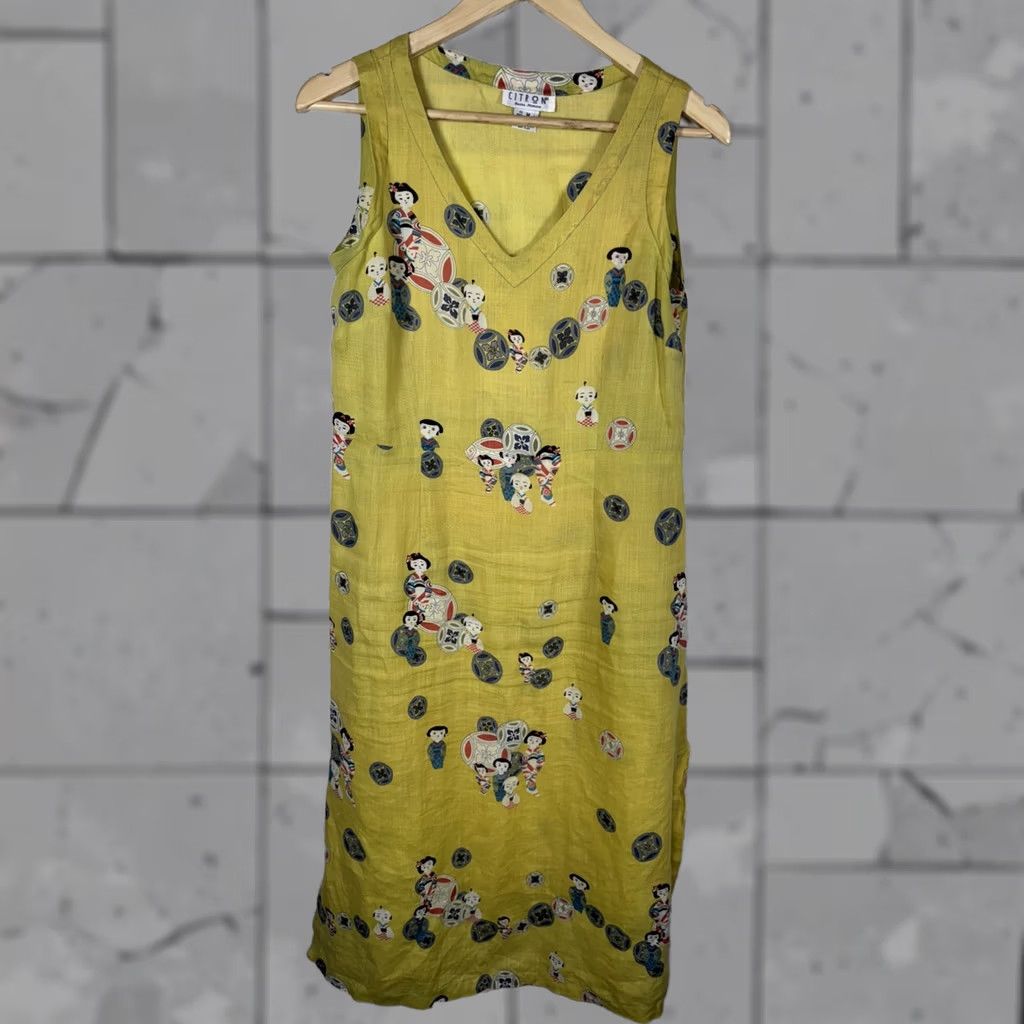 Vintage VINTAGE Citron Santa Monica Yellow Asian Print 100% Linen Vneck Dress Womens M Size M / US 6-8 / IT 42-44 - 1 Thumbnail