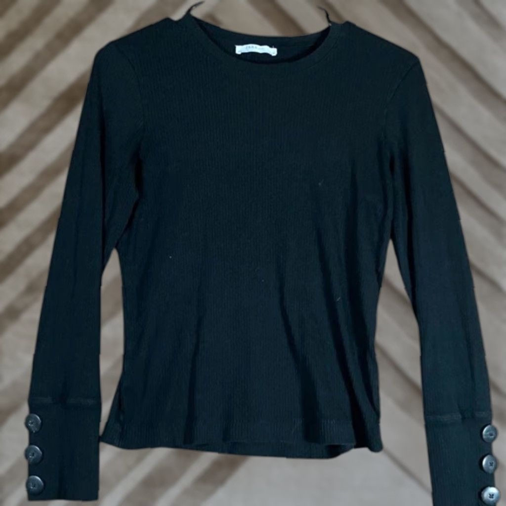 Zara ZARA Womens Shirt Black Ribbed Crew Neck Button Wrist Long Sleeve Stretch Large Size L / US 10 / IT 46 - 1 Thumbnail