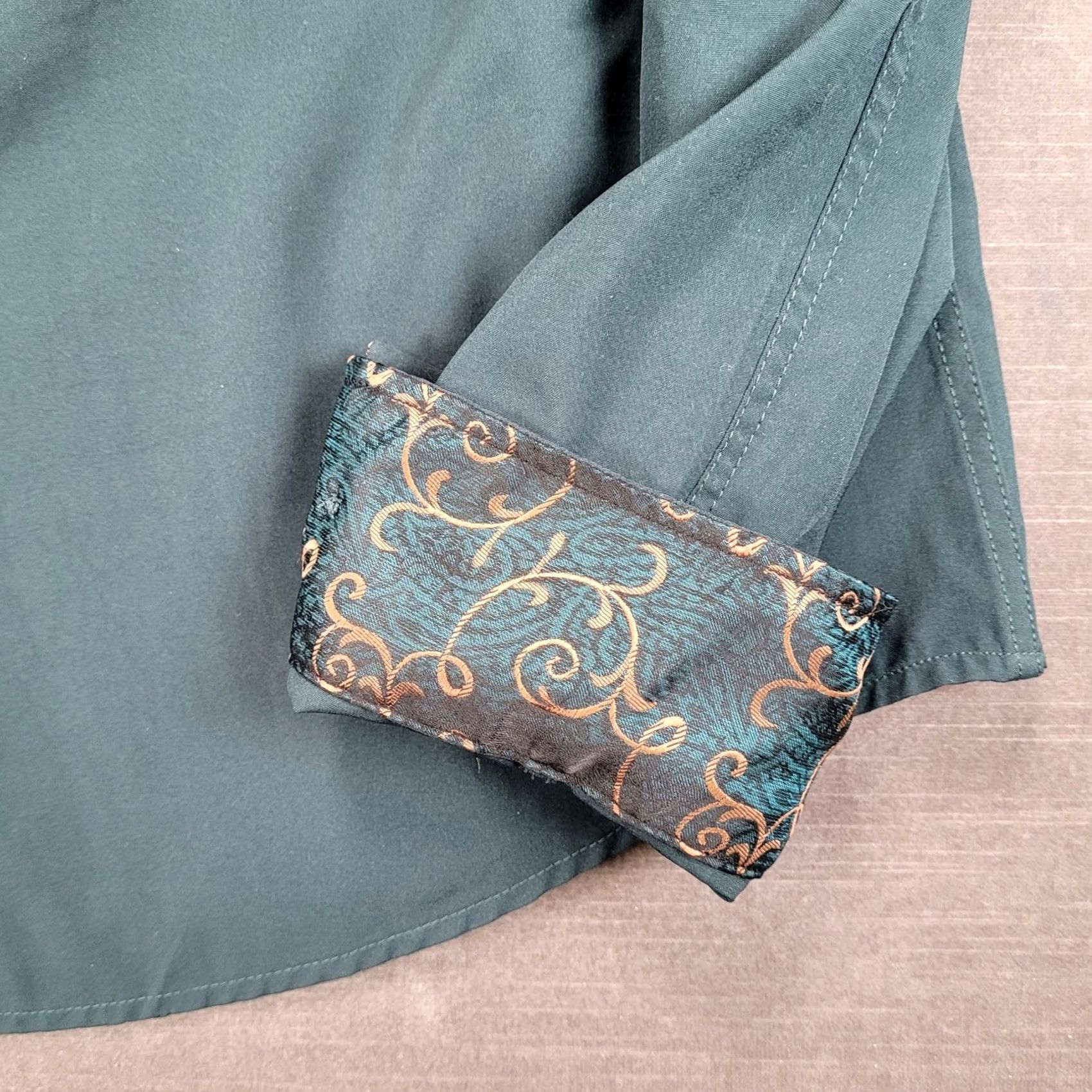 Vintage Barry Wang Mens Dress Shirt Long Sleeve Button Up Flip Cuff Paisley Trim 3XL Green Size 48R - 4 Thumbnail