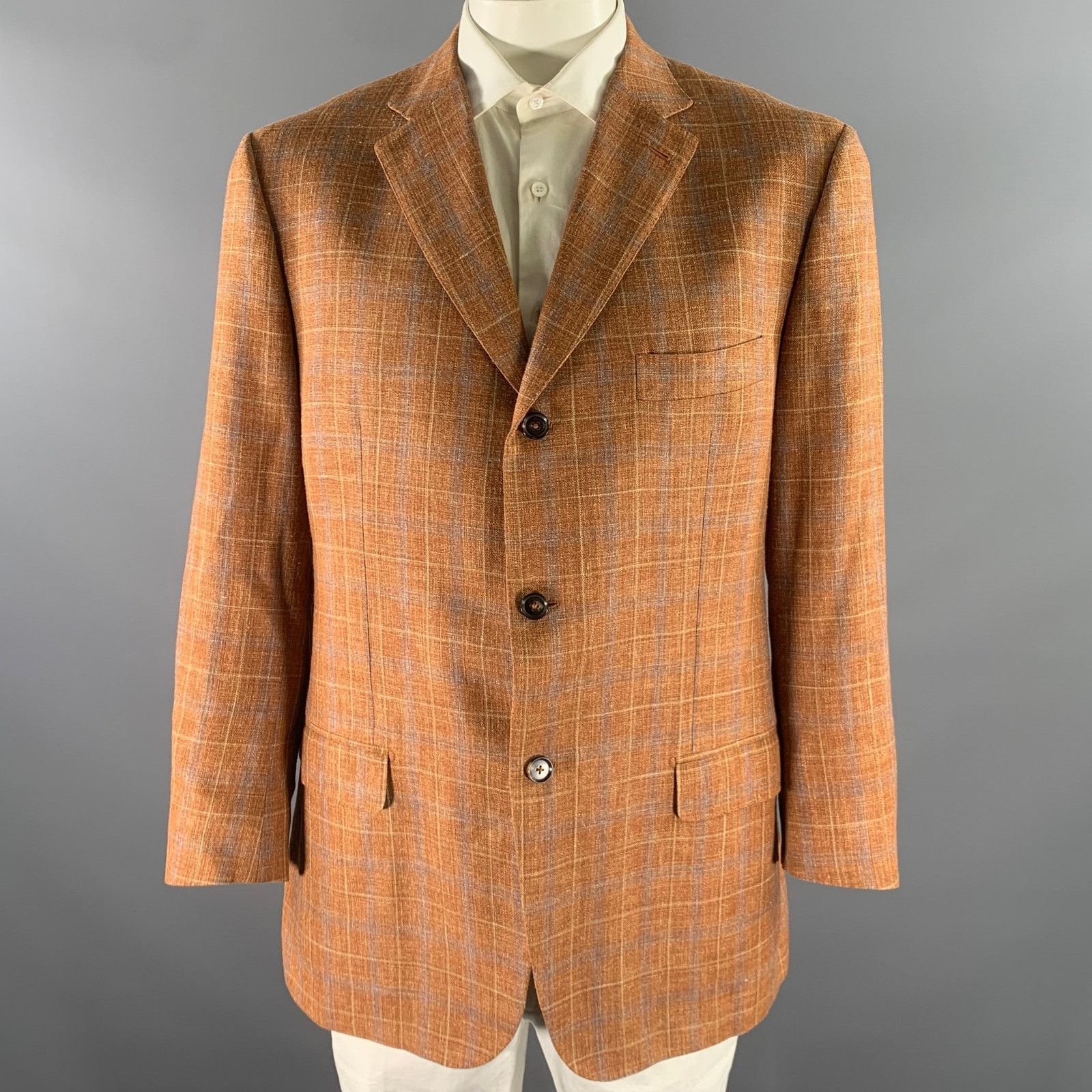 Isaia ISAIA Size 46 Orange Plaid Wool Blend Notch Lapel Sport Coat Size 46R - 1 Thumbnail