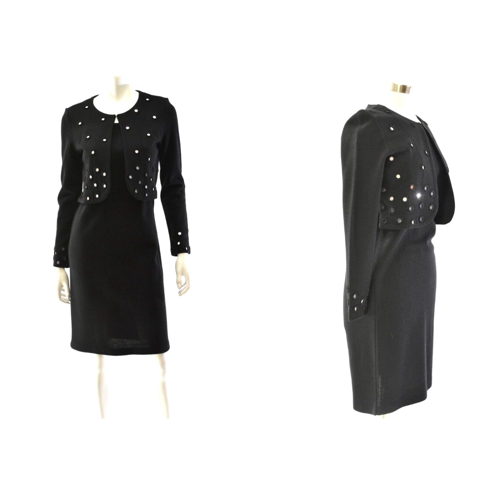 image of Vintage 90's Womens Xs Mirror Embellished Layered Black Sheath Dress Nina Leonard Wool in White