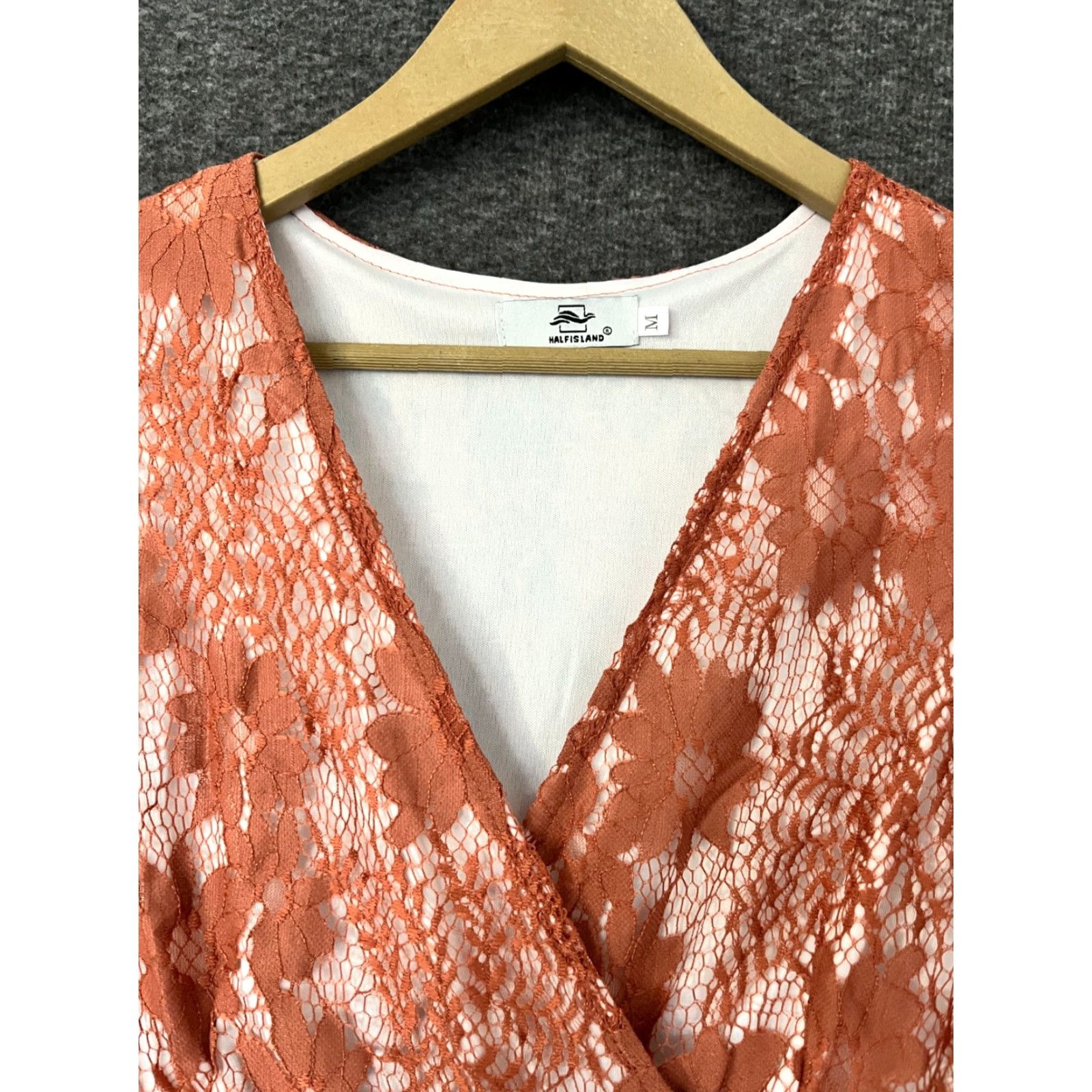 Vintage Halfisland Coral M Lace Dress Cocktail Party Long Sleeve V-Neck Flare Dress Women M Coral Lace Size M / US 6-8 / IT 42-44 - 3 Thumbnail