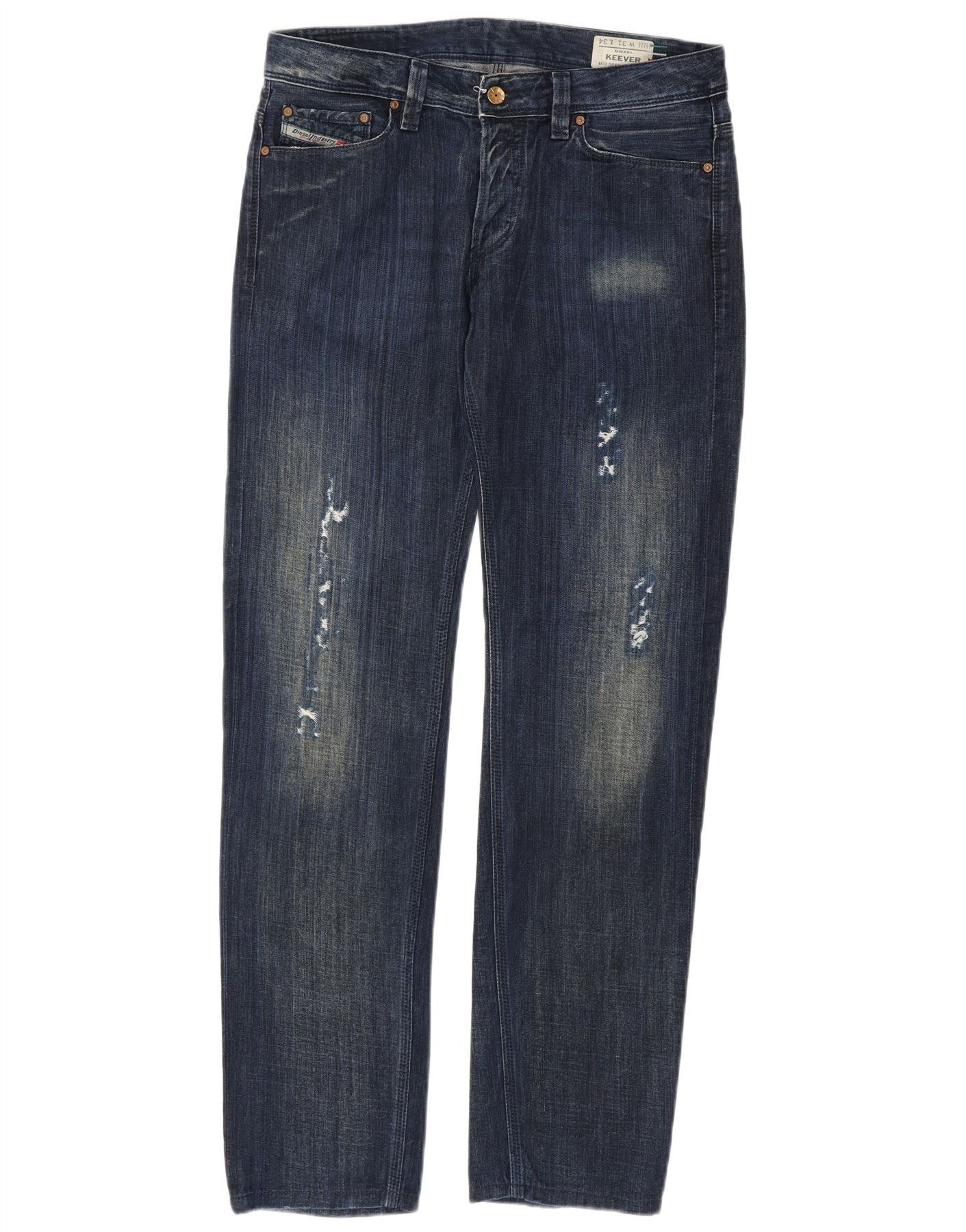 Diesel Mens Keever Distressed Straight Jeans W31 L34 Navy Blue Cott Size US 31 - 1 Thumbnail
