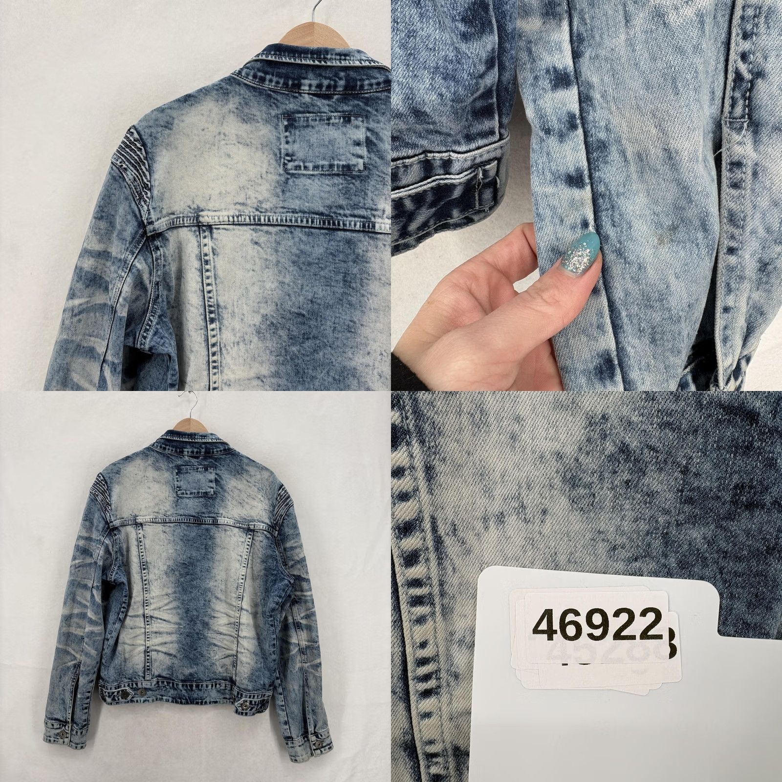 Denime KLOUD9 Denim Jacket Mens L Regular Blue Acid Wash Checkered Sleeve Streetwear Grunge Bomber Casual Fall Spring Jacket Mens Size US L / EU 52-54 / 3 - 9 Thumbnail